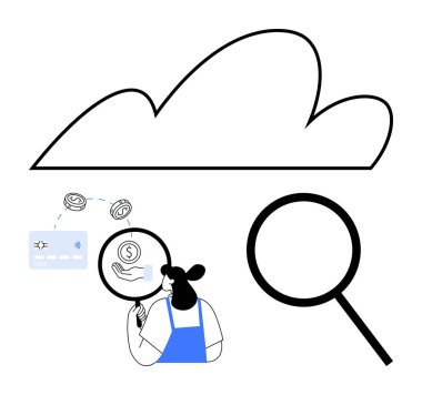 Büyüteçle büyüteç kullanan, bulut altında dijital finansal verileri inceleyen, veri aramasını, finansal analizi temsil eden bir kadın. Bulut bilgisayarı, fintech, finansal güvenlik, veri yönetimi için ideal