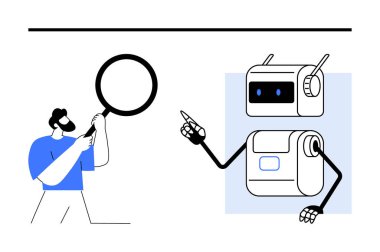 Büyüteç tutan bir insan ve işaret parmağıyla hareket eden bir robot. Teknoloji, yapay zeka, konuşma, işbirliği, etkileşim, analiz, gelecek temalar için ideal. Satır metaforu