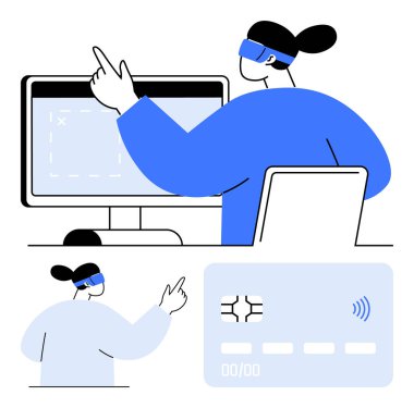 Mavi ekranda el hareketleriyle, fütüristik gözlükleriyle, kart ödeme ikonuyla gezinen kullanıcı. AR, VR, teknolojik yenilik, kullanıcı arayüzleri, finans, nakitsiz ödemeler için ideal soyut hat