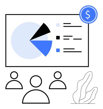 Turta grafiği ve üzerinde dolar işareti sembolü olan liste, üç izleyici figürü, soyut bitki tasarımı. Finans, iş stratejisi, pazarlama, eğitim, takım işbirliği, soyut raporlama için ideal