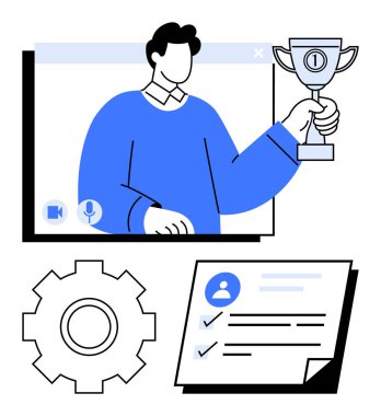 Görüntülü arama kupasındaki kişi, kontrol listesi belgesi ve vites ögesi. Takım çalışması için ideal, çevrimiçi ödüller, sanal başarı, uzaktan işbirliği, iş akışı, motivasyon soyut çizgi düz metaforu