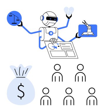 Birden fazla kollu robot, adalet teknolojisi sağlık ve finans arasındaki dengeyi sembolize ediyor. Simgeler pulları, kalbi, robotik kolu, para çantasını ve kullanıcıları temsil ediyor. Yapay zeka, otomasyon ve robotlar için ideal.