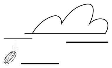 Bozuk para soyut bulut şekline ve minimum yatay çizgilere düşer. Ekonomik eğilimler, finans, tasarruf, yatırım, risk, minimalizm, soyut çizgi düz metaforu için ideal