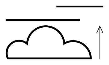 Siyah çizgili bulut, rüzgarı gösteren yatay çizgiler ve yukarı doğru bir ok. Ticari büyüme, hava tahmini, bulut hesaplama, gelecekteki eğilimler, havacılık, veri depolama çevresi için ideal