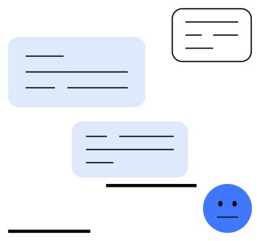 Nötr bir yüz ikonu ile mavi ve beyaz mesaj baloncukları iletişim ve duygu iletir. İleti uygulamaları, geri bildirim, konuşma, duygusal bağlantı, ağ akışı için ideal