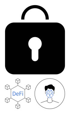 Asma kilit simgesi güvenliği, merkezi olmayan finans ağını, kimlik doğrulama için tanınmayı simgeler. Fintech, siber güvenlik, DeFi, kişisel veri koruması, engelleme zinciri, şifreleme için ideal