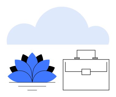 Mavi nilüfer çiçeği, siyah çanta, yumuşak bulut. Farkındalık, iş hayatı dengesi, mesleki büyüme, dinginlik, teknolojide refah, uzaktan çalışma soyut metaforu konuları için ideal
