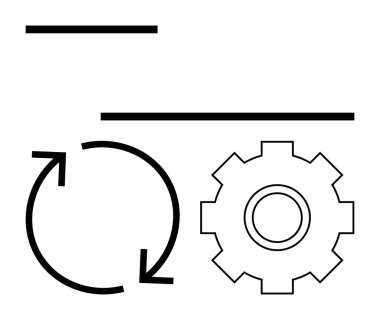 Dairesel oklar ve dişliler süreç döngülerini, iş akışını veya sistem otomasyonunu gösteriyor. Yatay çizgiler yapı ekler. Üretkenlik, verimlilik, iş akışları, mühendislik ve yenilik için ideal