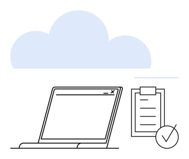 Açık pencereli dizüstü bilgisayar, işaretli pano kontrol listesi ve minimalist mavi bulut. Veri yönetimi, organizasyon, bulut hesaplama, dijital iş akışı, görev izleme, iş için ideal