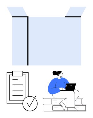 Dizüstü bilgisayarda çalışan bir kadın mavi kutunun yanındaki istiflenmiş kitaplar ve işaretli kontrol listesi üzerinde çalışıyor. Eğitim, uzaktan çalışma, üretkenlik, organizasyon, liderlik, hedef belirleme, soyut çizgi