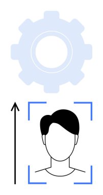 Dişli sembolü baş siluet yukarı doğru ok büyüme teknolojisi yeniliğini, ilerlemeyi, liderliği, insan merkezli tasarımı, gelişimi sembolize eder. Eğitim, teknoloji, iş, motivasyon için ideal