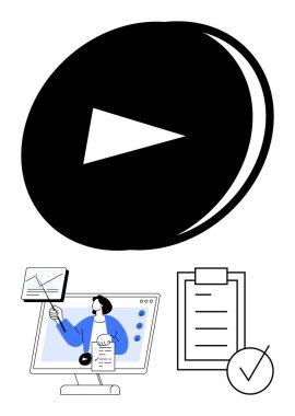 Bilgi, kontrol listesi ve tik sunan eğitmenli büyük oynat düğmesi. Eğitim için ideal, webinarlar, eğitim, dersler, çevrimiçi kurslar, proje planlaması, soyut düz metafor