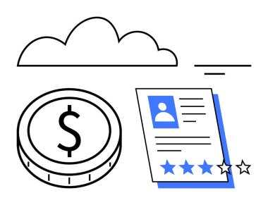 Değerlendirme yıldızlı dolar işareti, bulut ve kullanıcı değerlendirme belgesi. Finans, uygulama değerlendirmeleri, bulut teknolojisi, kullanıcı değerlendirmeleri, dijital ekonomi, iş ölçümleri soyut çizgi düz metaforu için ideal