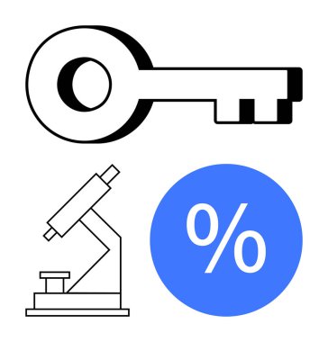 Key symbol, microscope icon, and percentage sign in a blue circle. Ideal for scientific discovery, research importance, financial analysis, investment strategy, unlocking knowledge, academic clipart