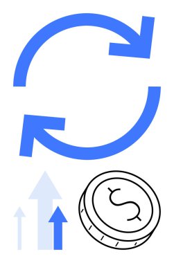 Mavi dairesel oklar, mavinin çeşitli tonlarında yükselen oklar, madeni büyümeyi temsil eden dolar sembollü bozuk para. Finans, iş, yatırım, ekonomik ilerleme, tasarruflar, para birimi için ideal