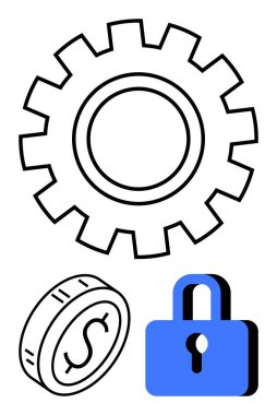 İşlem optimizasyonu için vites, finans için dolar madeni para ve güvenlik için mavi kilit. Finans, iş, teknoloji, siber güvenlik, yenilik, korunma için ideal düz çizgi metaforu