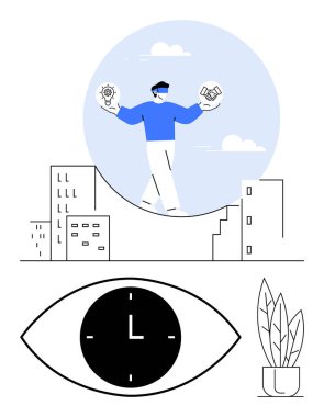 Person balancing idea and handshake icons atop urban shapes, surrounded by clock in eye, plant, and abstract forms. Ideal for teamwork, creativity, focus, balance, urban planning mindfulness clipart