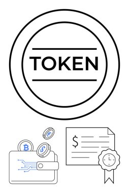 Çizgilerle çevrili dijital jeton Bitcoin ve diğer paralarla şifreli cüzdan ve onay rozetli mali sertifika. Engelleme teknolojisi, dijital para birimi ve güvenli işlemler için ideal