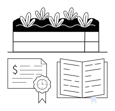 Dolar işareti ve rozetli sertifika, kurdeleli açık kitap, toprakta beş bitki fitili. Akademik başarı için ideal, kişisel büyüme, öğrenme, eğitim, başarı, mali ödüller kariyer