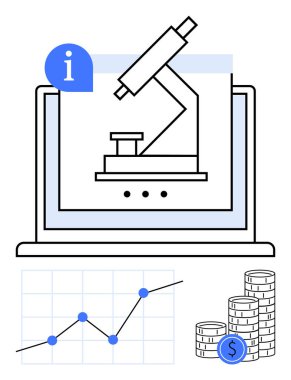 Dizüstü bilgisayardaki mikroskop, çizgi grafiği ve bozuk para yığınları dijital araştırma, veri analizi, yenilik, bilim finansmanı, sanal laboratuvarlar, büyüme tahminleri ve soyut düz metaforu temsil etmektedir.
