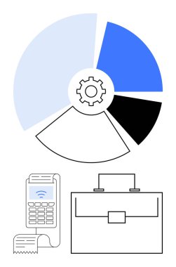 Vites merkezli pasta şeması, kablosuz ödeme terminali, makbuz ve çanta finans, iş analizi ve dijital ödeme sistemlerini temsil ediyor. Fintech, strateji, e-ticaret bütçesi için ideal