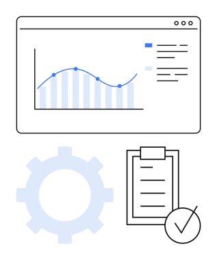 Çubuk ve çizgi grafiği, işaretli kontrol listesi ve dişli simgesi görsel olarak birleştirildi. Veri analizi, iş akışı yönetimi, süreç optimizasyonu, proje planlaması, görev izleme, iş stratejisi için ideal