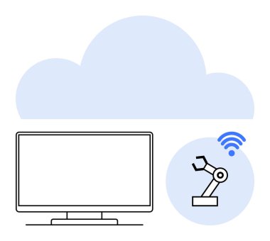 Bilgisayar monitörü bulut bağlantısıyla robotik kola bağlandı. Otomasyon, IoT, bulut hesaplama, akıllı imalat, uzaktan kumanda, veri yönetimi ve endüstriyel robotlar için ideal. Çizgi