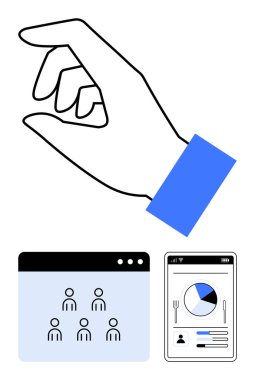 Takım simgeleriyle ve pasta grafiğiyle kullanıcı arayüzü ekranlarının yanında el hareketi yapıyor. Takım çalışması, veri kullanımı, teknoloji, uygulamalar, analitik, işbirliği, soyut çizgi düz metaforu için ideal