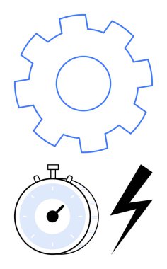 Dişliler süreç optimizasyonunu temsil ediyor, kronometre zaman yönetimini simgeliyor ve yıldırım enerjiyi veya gücü vurguluyor. Üretkenlik, mekanik, hız, yenilik, verimlilik, takım çalışması için ideal