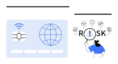 Kredi kartı çipi, küre ve büyüteçle risk içeren ikonları inceleyen kullanıcı. Siber güvenlik, ödeme güvenliği, veri analizi, dolandırıcılık tespit, mali strateji, risk yönetimi için ideal