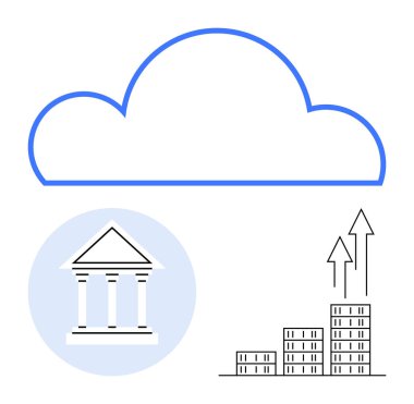 Banka simgesi ve bar tablosunun üzerinde dijital bankacılık, büyüme ve veri yönetimini sembolize eden yukarı doğru oklar var. Yenilik, fintech, ekonomi, analitik, finans, ölçeklenebilirlik için ideal