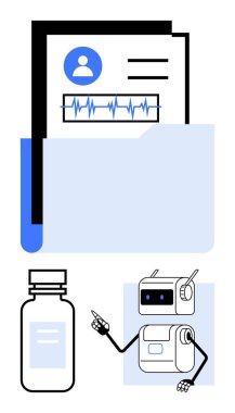 Dijital klasörde hasta dosyası ilaç şişesi, kalemli robot asistan var. Sağlık, teknoloji, tıbbi kayıtlar, yapay zeka, robotik, ilaç, dijital hale getirme için ideal. Çizgi