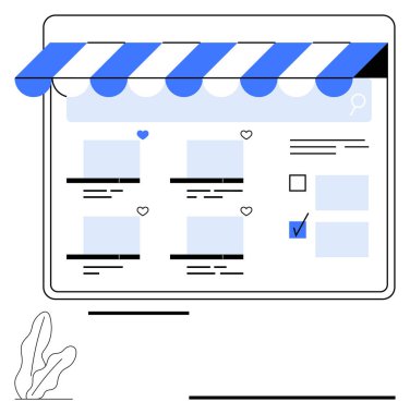 Ürün kartlarının olduğu dijital mağaza önü, istek listesi için kalpler, arama çubuğu, onay kutusu ve tente. E-ticaret, çevrimiçi alışveriş, kullanılabilirlik, mağaza önü tasarımı için ideal UIUX perakende düz çizgi