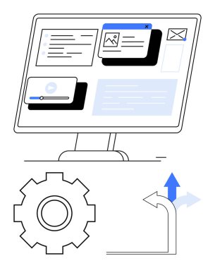 Masaüstü ekranında e- posta, ortam ve metin pencereleri görüntülenir. Teçhizat ayarları veya sistem işlemleri temsil eder. Ok iş akışını ya da karar yollarını ifade eder. Teknoloji, UIUX tasarımı, üretkenlik ve görev için ideal