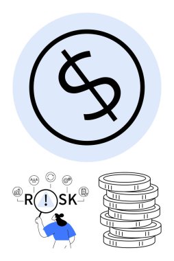 Odak noktasında dolar işareti, büyüteçle riski analiz eden kişi, bozuk para yığını. Finans, yatırım, ekonomi, risk yönetimi, zenginlik, iş stratejileri için ideal soyut çizgi düz metaforu