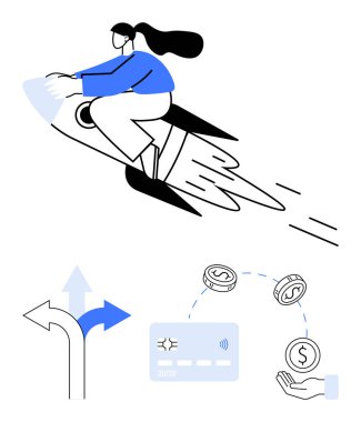 Rokete binen bir kadın, iki farklı ok, kart ve bir dolarlık bozuk para. Ticari büyüme, finansal başarı, girişim geliştirme, karar verme, yenilikçilik kariyeri için idealdir. Çizgi