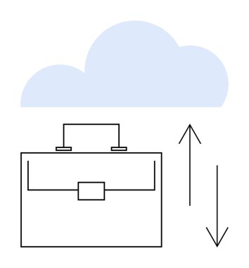 Okları yükleme ve indirme gösteren bir bulutun altında çanta. İş, depolama, veri yönetimi, uzaktan erişim, bulut hesaplama, dosya aktarımları, soyut düz metafor için ideal
