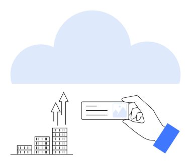 Elinizde bir kimlik ya da belge, yukarı doğru büyümeyi gösteren oklarla istiflenmiş bar grafiği, depolama veya çevrimiçi hizmetleri temsil eden büyük bir bulut. İş, teknoloji, büyüme, finans, veri için ideal