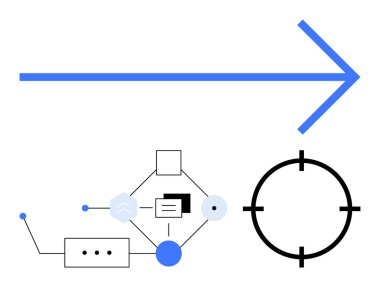 Mavi ok ileriyi gösteriyor, bağlı akış şeması elemanları süreçleri gösteriyor, ve dairesel hedef sembolü. Proje yönetimi, iş akışı, iş stratejisi, hedef belirleme, takım çalışması için ideal