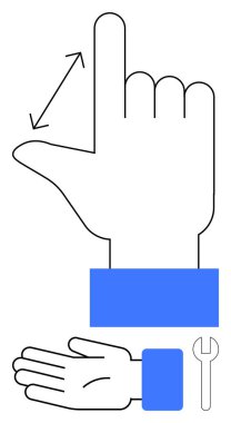 İki el hareketler sergiliyor, biri hareketini gösteren bir okla dik, diğeri de açık avuç içiyle. Teknoloji arayüzleri, kullanıcı etkileşimi, dijital araçlar, iletişim için ideal