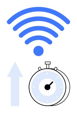 Kronometresi olan kablosuz sinyal simgesi ve yukarı doğru ok yüksek hızlı internet olduğunu gösteriyor. Bağlantı, teknoloji, hız, verimlilik, ilerleme, üretkenlik ve soyut düz çizgi metaforu için ideal