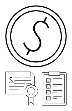 Para çemberinin içinde dolar işareti, dolar sembollü ve mühürlü finansal belge, kontrol işaretli listeler. İş, finans, yatırım, planlama, denetleme, değerlendirme bütçesi için ideal