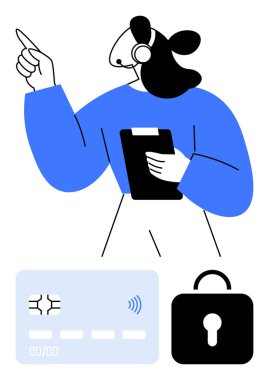 Kulaklık takan, elinde pano tutan, yukarı bakan, çip ve kilitle kredi kartı sembolleri olan biri. Ödeme güvenliği, teknik destek, müşteri bakımı, finans, teknoloji yeniliği, çevrimiçi güvenlik için ideal