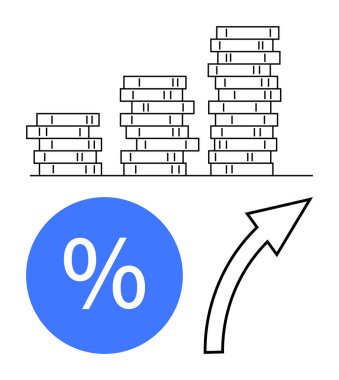 Bozuk para yığınları soldan sağa doğru yükselir. Altında yüzde işareti ve yükselen ok olan mavi daire. Finansal büyüme, yatırım, tasarruf, zenginlik, ekonomi ve kâr için ideal