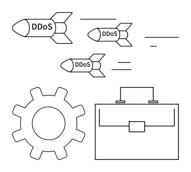 Missiles labeled DDoS aim at a briefcase and gear representing business, systems, and cyber defense. Ideal for cybersecurity, risk management, online threats, IT vulnerabilities, data safety, system clipart