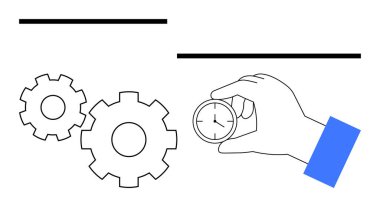 Çarklar mekanizmayı temsil ediyor, saati tutan eller zamanı ve kontrolü simgeliyor. Üretkenlik, verimlilik, zaman yönetimi, proje planlaması, takım çalışması, mekanik süreçler, operasyonel