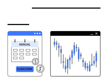 Finansal tablonun yanında abonelik düğmesi olan yıllık abonelik takvimi. Ticaret platformları, finansal analiz, abonelik hizmetleri, piyasa araştırması, veri görselleştirme, fintech