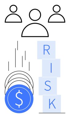 Düşen dolarların üzerindeki üç insan silueti RISK diye hecelenen bloklardan oluşan bir kuleye yaklaşıyor. Finans, yatırım, risk yönetimi, iş stratejisi, kurumsal eğitim ve ekonomi için ideal