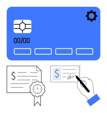 Büyük mavi kredi kartı, çip ve çip simgesi, çek imzası, mühürlü mali sertifika. Fintech, elektronik işlemler, güvenli ödemeler, online bankacılık, sertifika için ideal