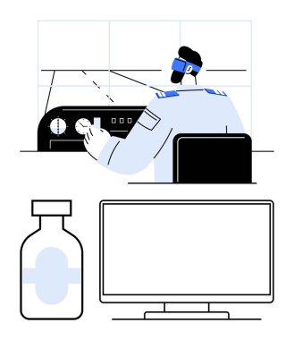 Üniformalı uçuş simülatörü, büyük bir kavanoz ve bir bilgisayar monitörü. Havacılık, eğitim, teknoloji, sağlık ve güvenlik eğitimi için ideal. Satır metaforu